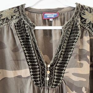 Johnny Was Olive Green Camo Embroidered V-Neck Blouse